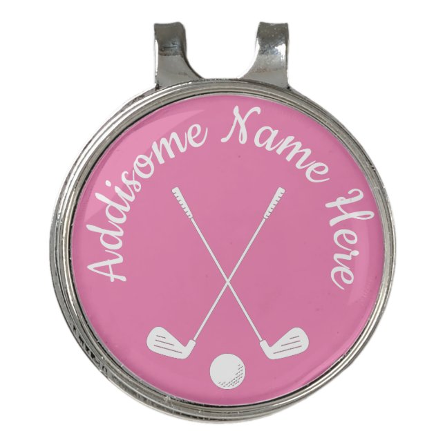 Monogrammed Pink White golfball club Ladies  Golf  Golf Hat Clip (Front)