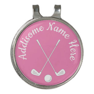 Monogrammed Pink White golfball club Ladies  Golf  Hat Clip