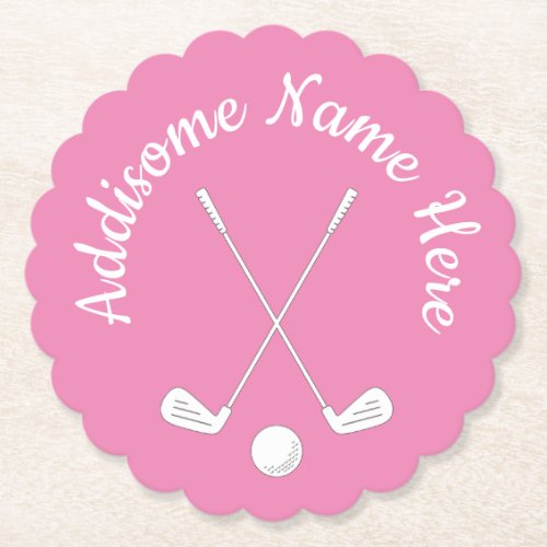 Monogrammed Pink White golfball club Ladies    Paper Coaster