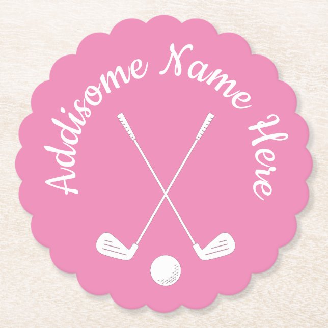 Monogrammed Pink White golfball club Ladies    Paper Coaster (Front)