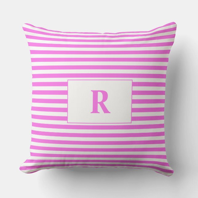 Monogrammed Pink/White Stripes Throw Pillow (Front)