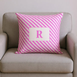 Monogrammed Pink/White Stripes Throw Pillow