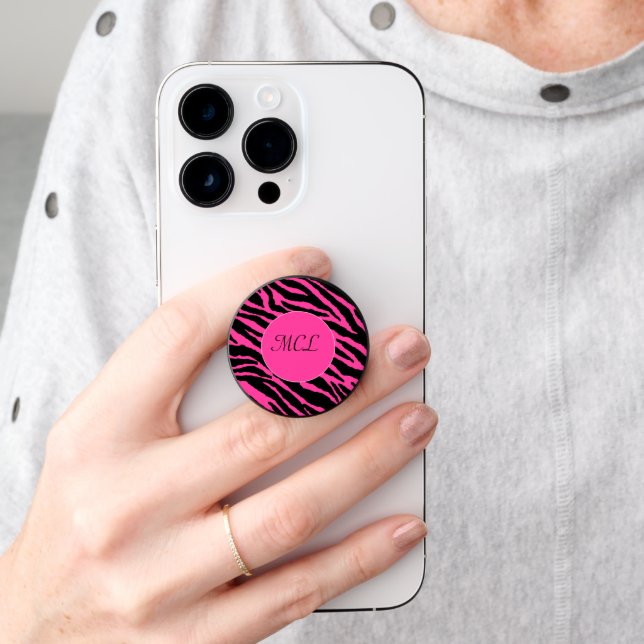 Monogrammed Pink Zebra PopSocket (Hand)