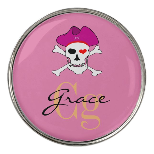 Monogrammed Pirate Skull Flag & Captain Grace pink Golf Ball Marker (Front)