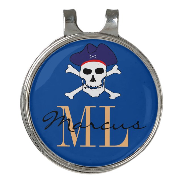 Monogrammed Pirate Skull Flag & Captain Jack Hat Golf Hat Clip (Front)