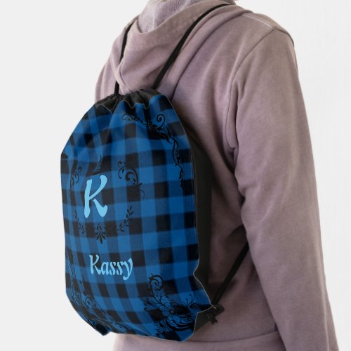 Monogrammed Plaid Drawstring Backpack