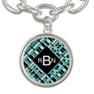 Monogrammed Plaid in Aqua, Teal, Black & White Charm Bracelet