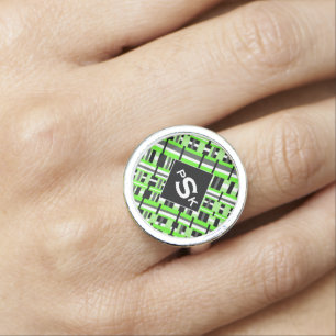 Monogrammed Plaid in Lime Green, Black & Gray Ring