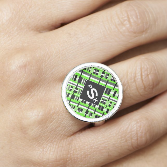 Monogrammed Plaid in Lime Green, Black & Gray Ring (In Situ)