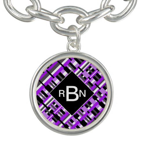Monogrammed Plaid in Purple Black  Gray Bracelet