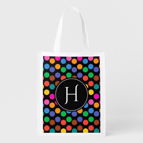 Monogrammed polka dots red blue black grocery bag