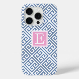 Monogrammed Preppy Blue And White Greek Key iPhone 15 Pro Case