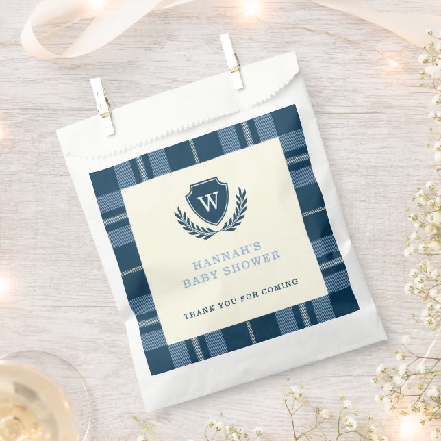 Monogrammed Preppy Blue Plaid Baby Shower  Favor Bag (Clipped)