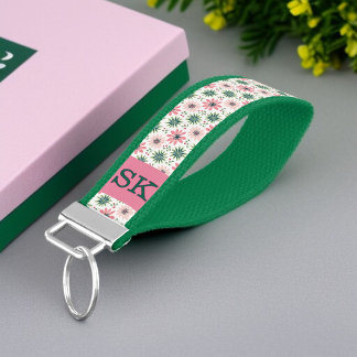 Monogrammed Preppy Pink & Green Flowers Keychain