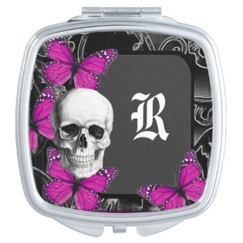 Monogrammed Pretty Gothic Skull Compact Mirror by monogramgiftz at Zazzle