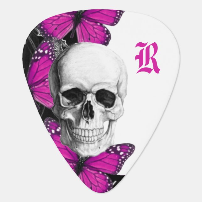 Monogrammed Pretty Gothic Skull Guitar Pick (Front)