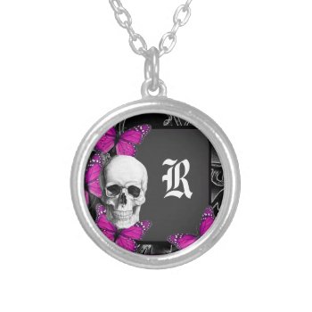 Monogrammed Pretty Gothic Skull  Silver Plated Necklace by monogramgiftz at Zazzle