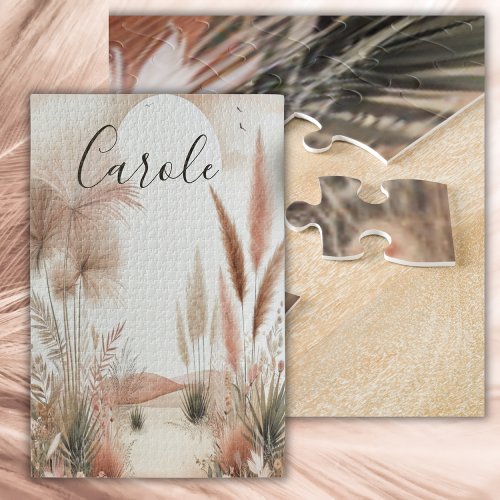 Monogrammed Pretty in pink pampas grass  Jigsaw Puzzle