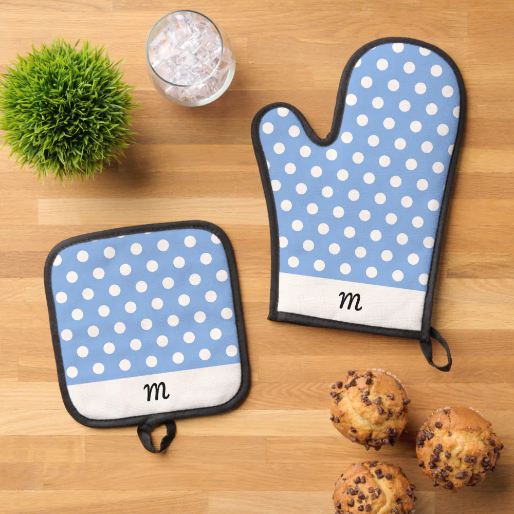 Monogrammed Pretty Pattern Sky Blue Polka Dot Oven Mitt & Pot Holder Set