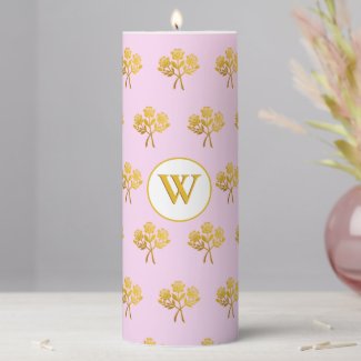 Monogrammed Pretty Pink Faux Gold Rose Flowers Pillar Candle