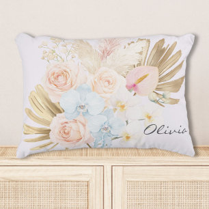 Monogrammed Pretty Tropical Flower Bouquet Floral Accent Pillow