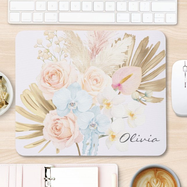 Monogrammed Pretty Tropical Flower Bouquet Floral Mouse Pad (Creator Uploaded)