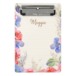 Monogrammed pretty watercolor flowers and lines mini clipboard