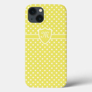 Monogrammed Pretty White on Yellow Polka Dot iPhone 13 Case
