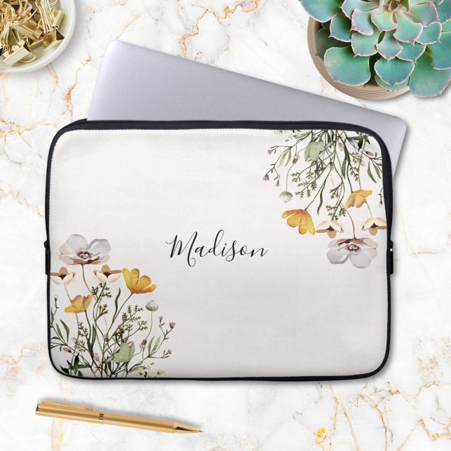 Monogrammed Pretty Wildflower Bouquet Laptop Sleeve (In situ)