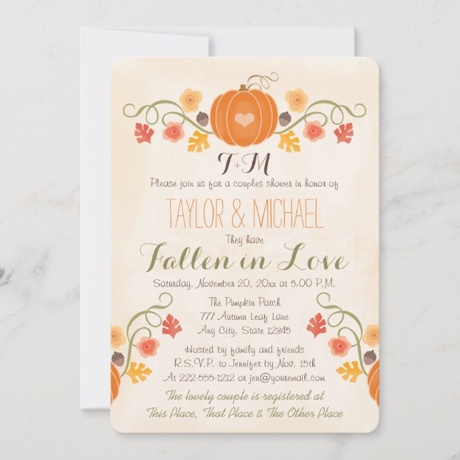 Monogrammed Pumpkin Fall Couples Wedding Shower Invitation (Front)