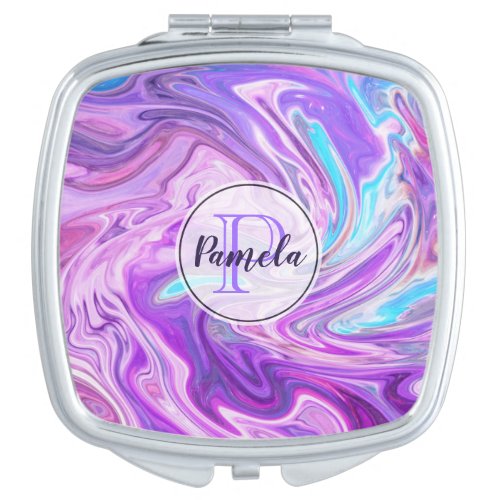 Monogrammed Purple Abstract Liquid Marble Compact Mirror