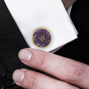 Monogrammed Purple Agate Gold Round Cufflinks