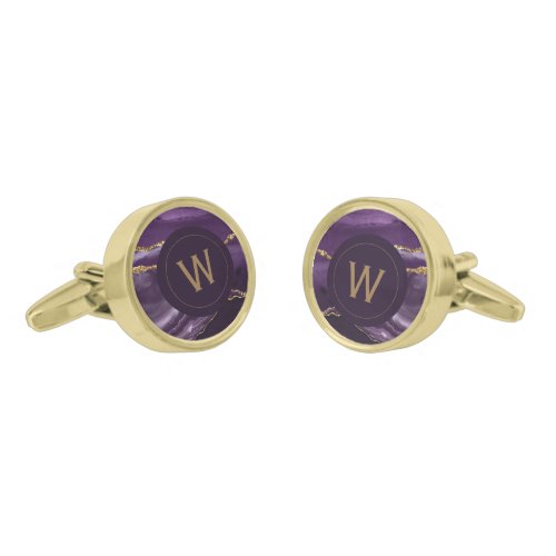 Monogrammed Purple Agate Gold Round Cufflinks