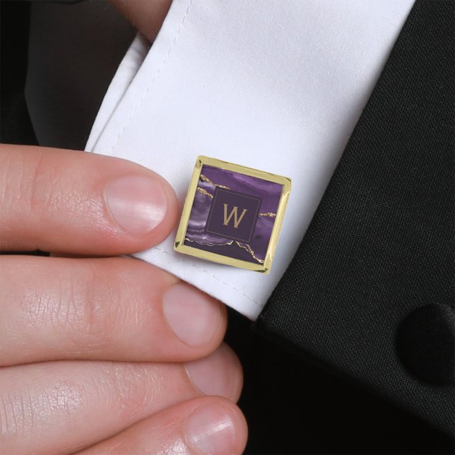 Monogrammed Purple Agate Gold Square Cufflinks (Creator Uploaded)