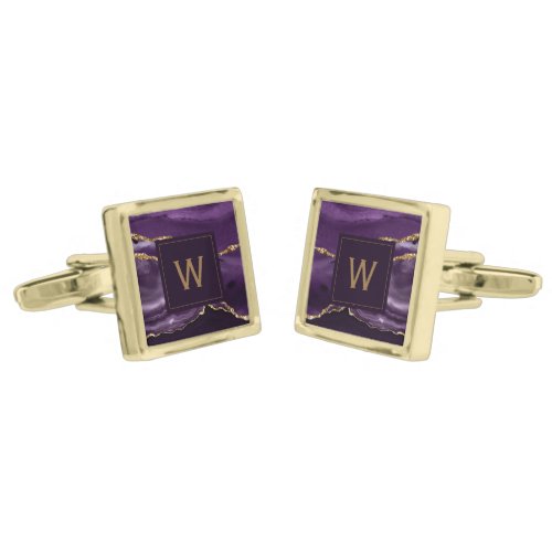 Monogrammed Purple Agate Gold Square Cufflinks