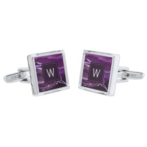 Monogrammed Purple Agate Silver Square Cufflinks