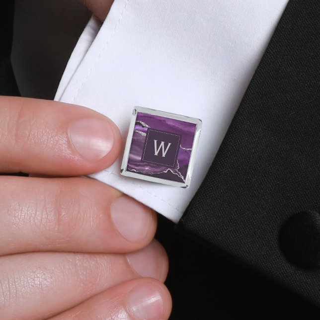 Monogrammed Purple Agate Silver Square Cufflinks (Creator Uploaded)