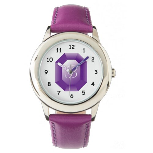 Monogrammed purple Amethyst gemstone girls watch