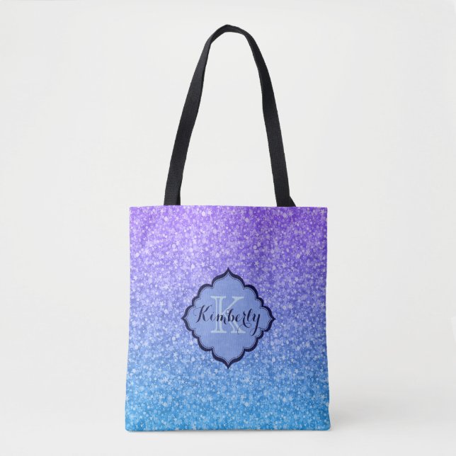 Monogrammed Purple And Blue Gradient Glitter Tote Bag (Front)