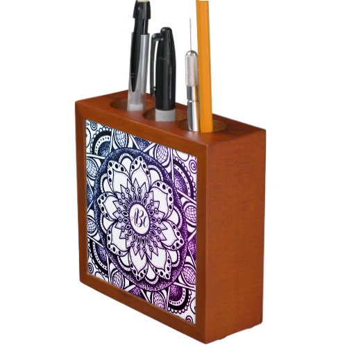 Monogrammed Purple and Blue Mandala Desk Organizer