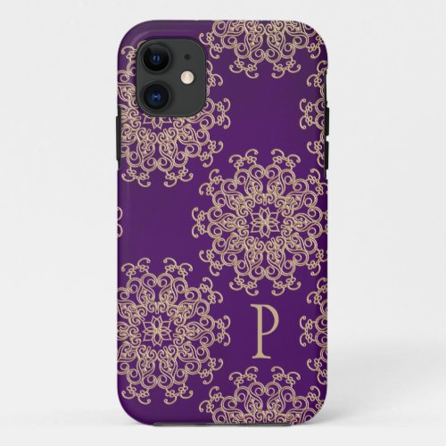 Monogrammed Purple and Gold Indian Pattern iPhone 11 Case