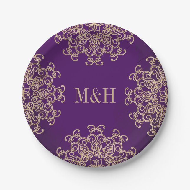 Monogrammed Purple and Gold Indian Style Wedding Paper Plates (Front)