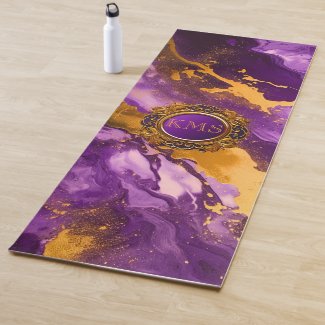 Monogrammed Purple and Gold Marble Look Yoga Mat