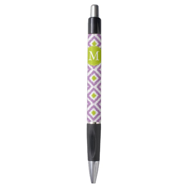 Monogrammed Purple and Green Ikat Pattern Pen (Front Vertical)