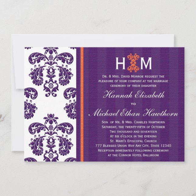 Monogrammed Purple and Orange Damask Wedding Invitation (Front)