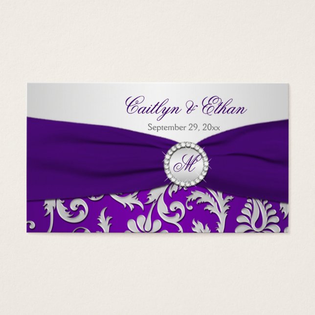 Monogrammed Purple and Silver Damask Favor Tag (Front)