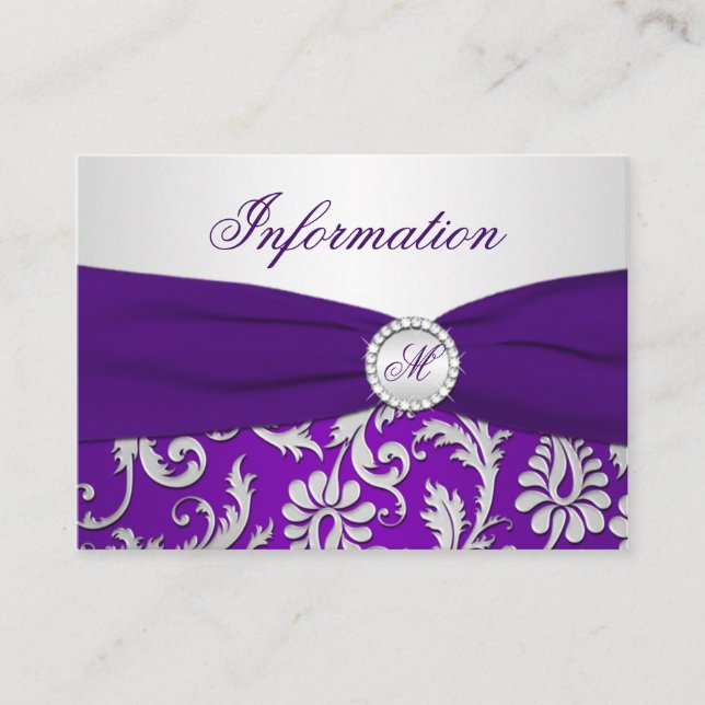 Monogrammed Purple and Silver Damask Info card (Front)