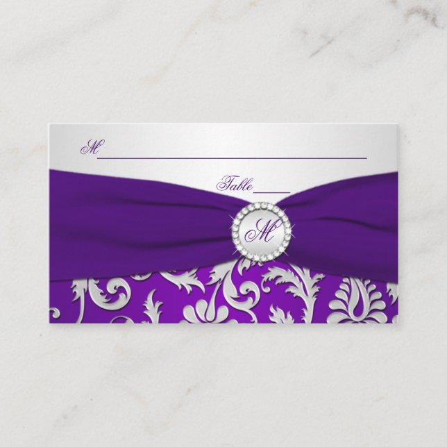 Monogrammed Purple and Silver Damask Place Cards (Front)