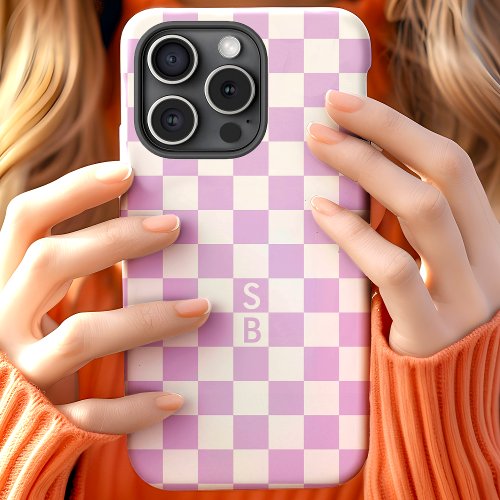 Monogrammed Purple And White Checkerboard Pattern iPhone 15 Case