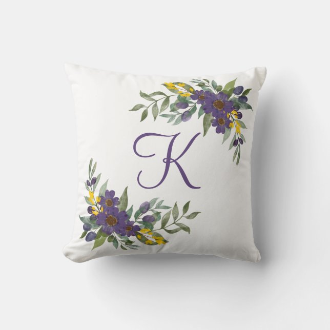Monogrammed Purple and Yellow Floral Throw Pillow (Front)